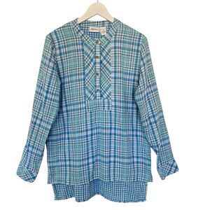 The Vermont Country Store Shirt Blue White Henley Tunic Plaid Gauze Popover Med
